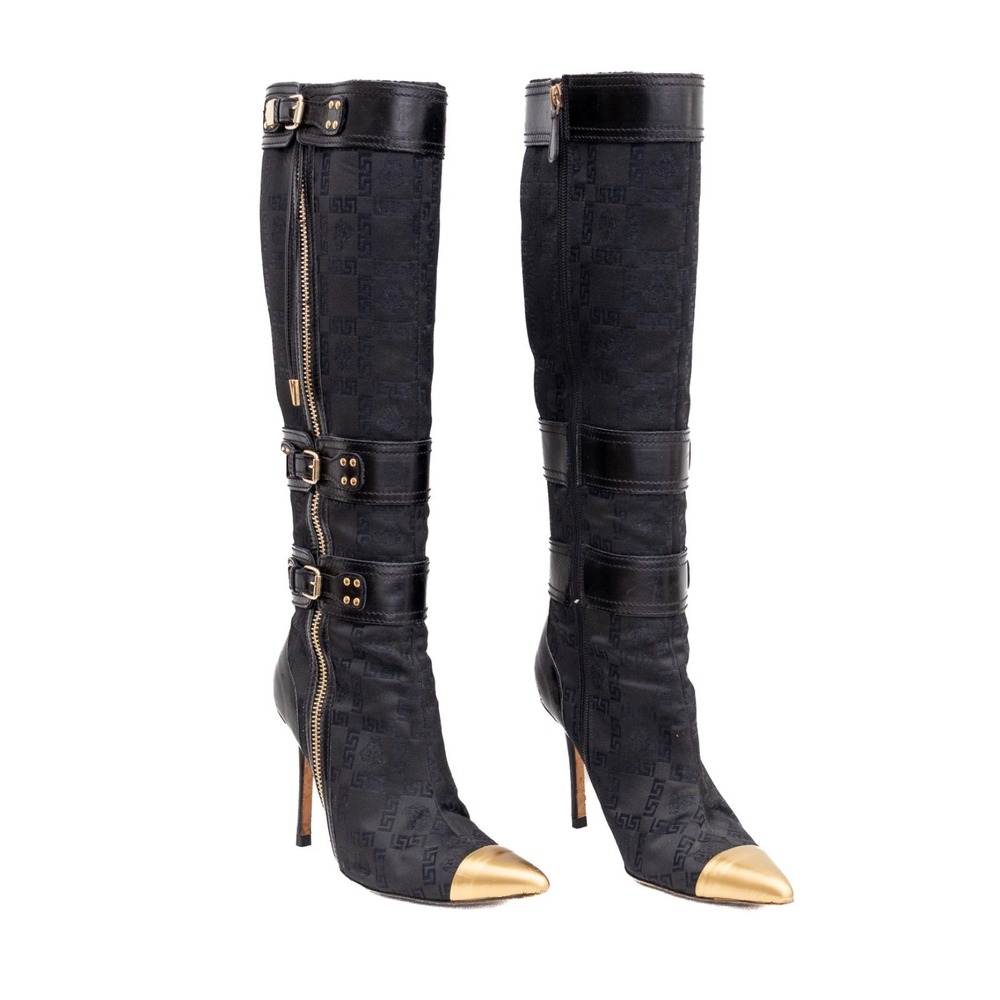 Authentic Versace Medusa Knee‎ High Boots Black Gold Toe Cap Heels EU 39/US 8.5